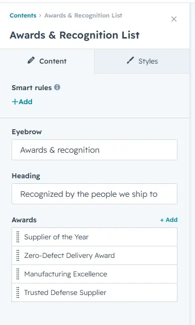 Content tab with eyebrow, heading and awards fields