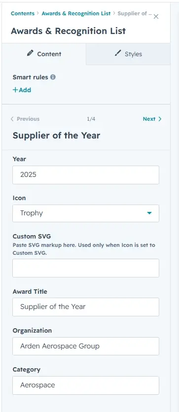 Award editor with year, icon, title, organization and category fields