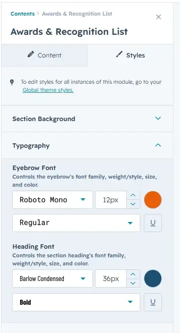 Typography settings