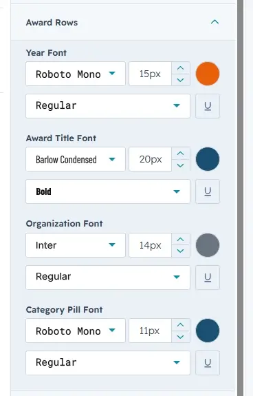 Award Rows font settings