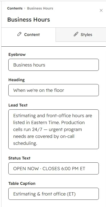 Content tab with eyebrow, heading, lead, status and caption fields