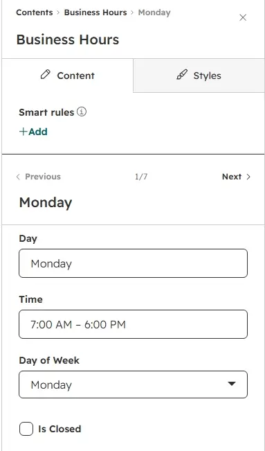 Hours row editor with day, time, day of week and is closed fields