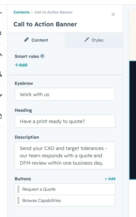 Content tab with eyebrow, heading, description and buttons fields