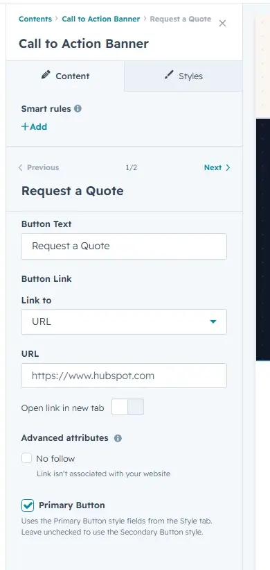Button editor with text, link and primary checkbox fields