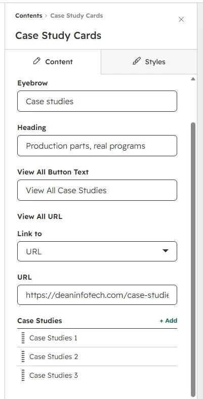 Content tab with eyebrow, heading, view-all and case studies fields