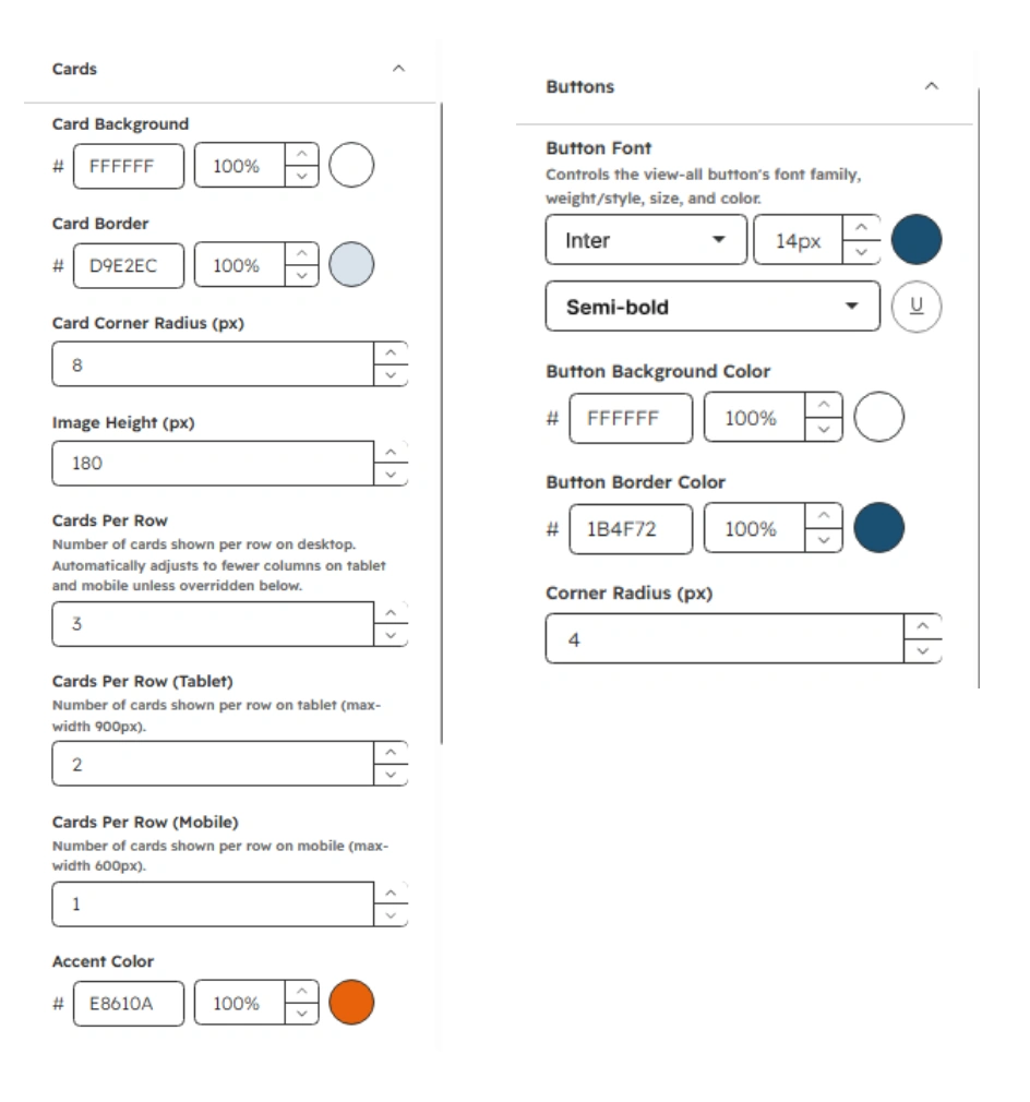 Cards and buttons settings