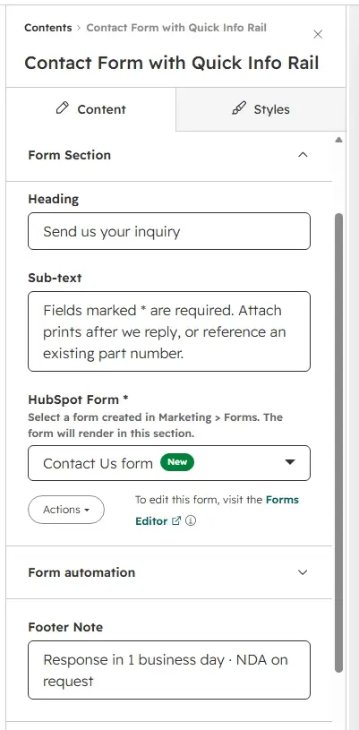 Form section settings