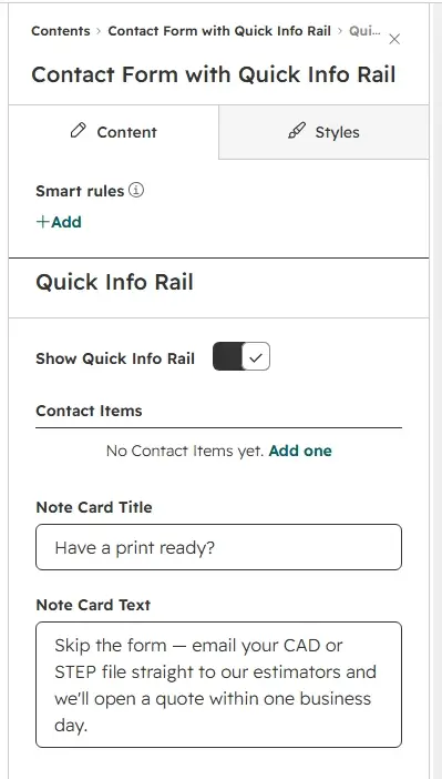 Rail items configuration