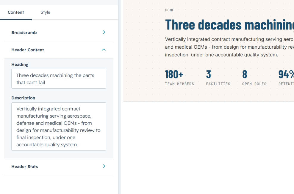 Content tab with Breadcrumb, Header Content and Header Stats groups