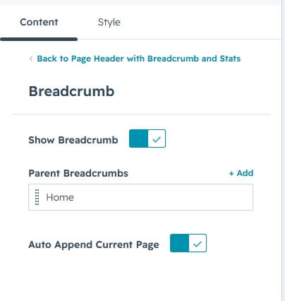Breadcrumb group with Parent Breadcrumbs label and URL fields