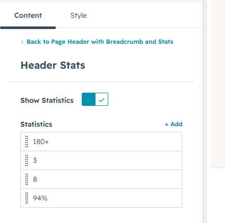Header Stats group with Statistics value and label fields