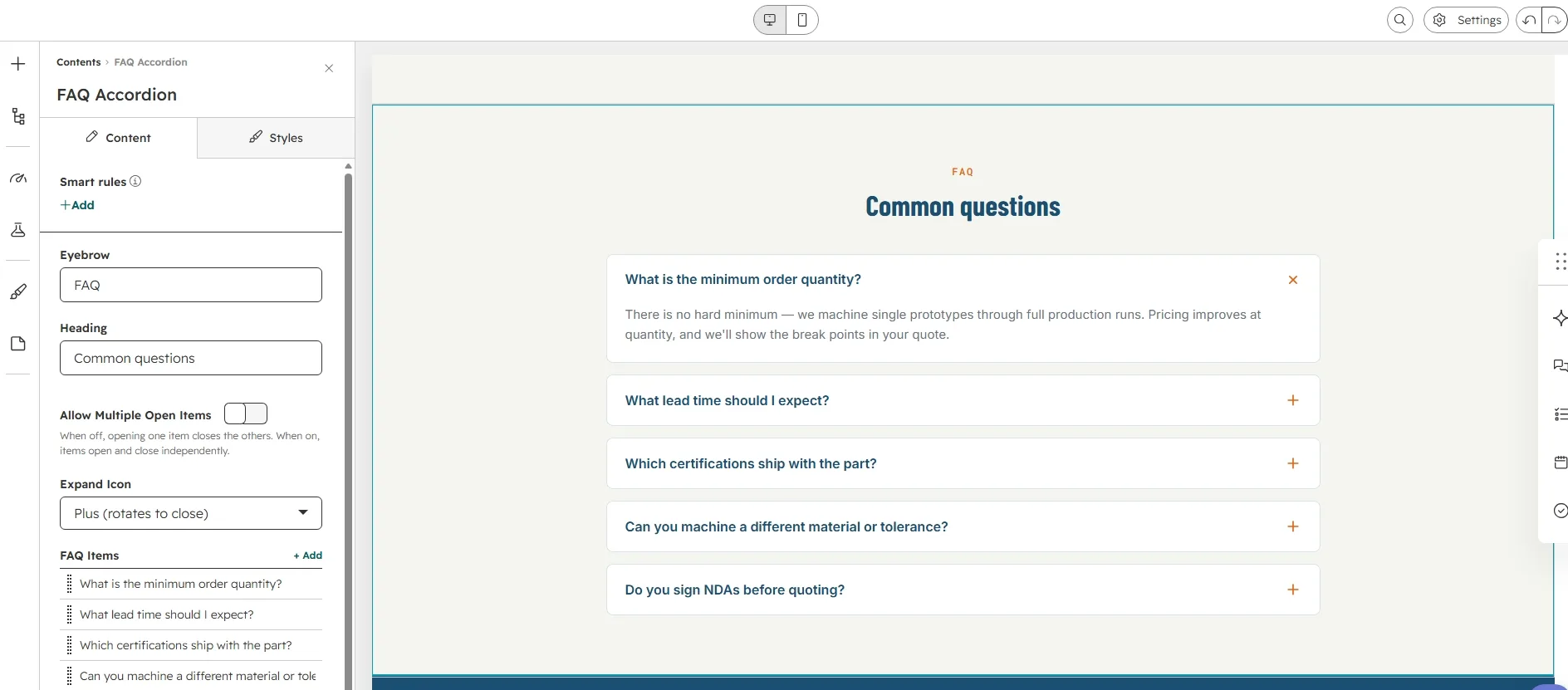 Dragging the module onto the page
