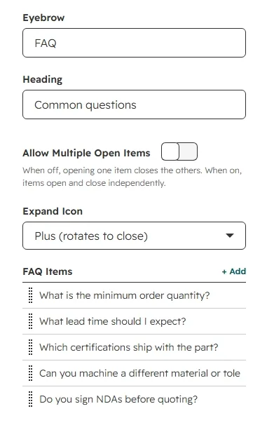 Content tab with eyebrow, heading, toggles and FAQ items