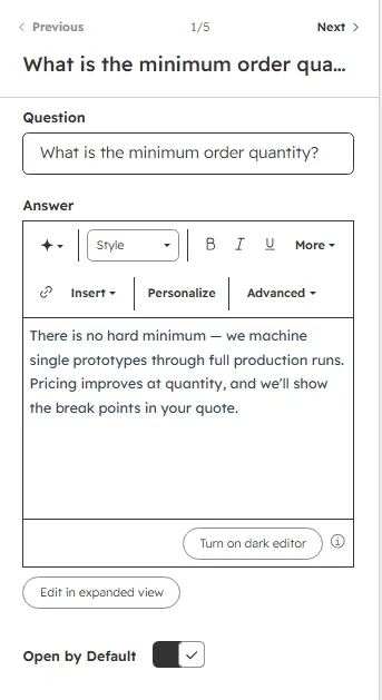 FAQ item editor with question, answer and open by default fields