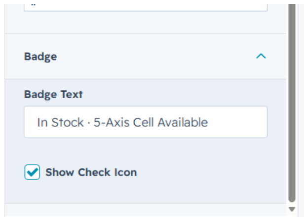 Badge editor with text and check icon toggle