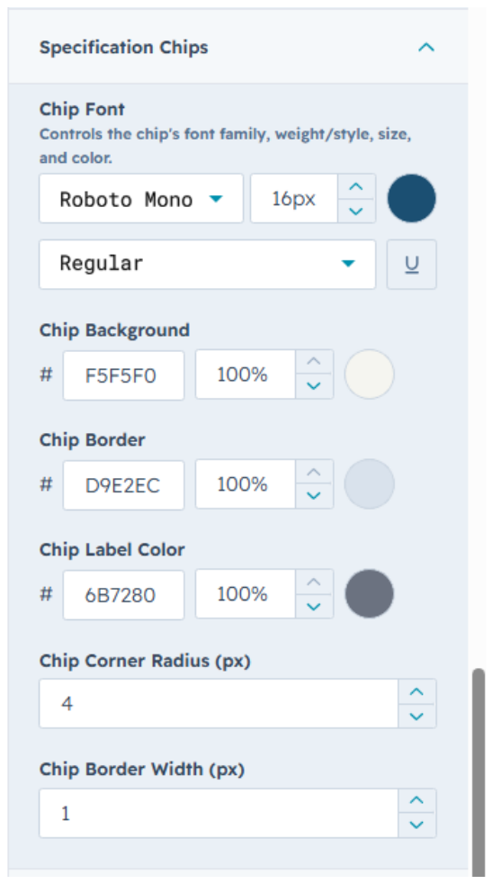 Specification Chips settings