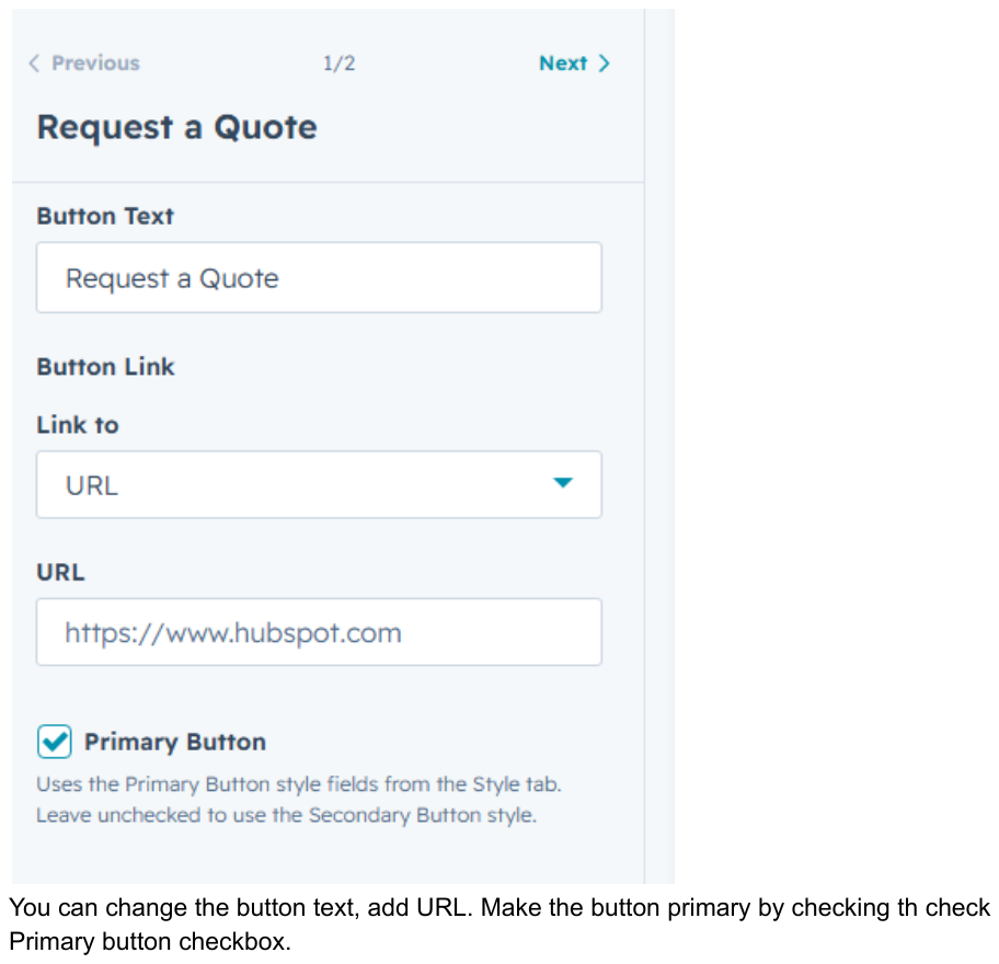 Button editor with text, link and style toggle