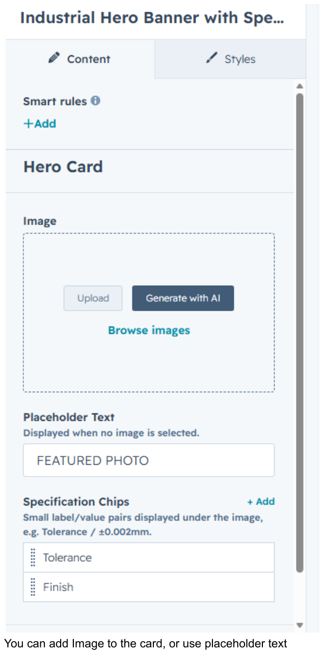 Hero Card image, placeholder text and spec chips fields