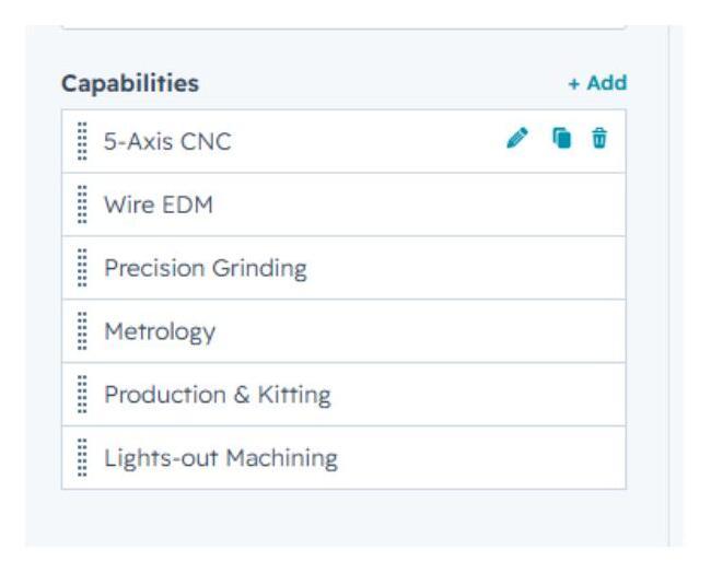 Content tab with eyebrow, heading and capabilities fields