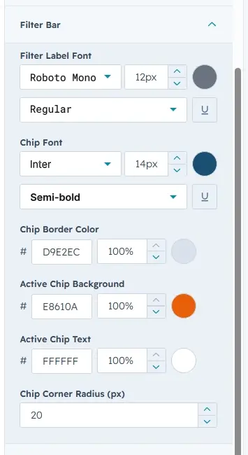 Filter Bar settings