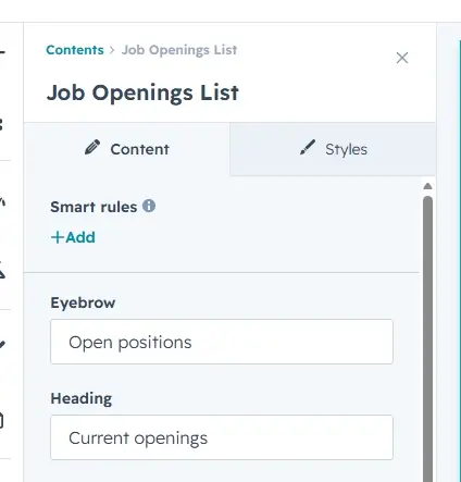 Content tab with eyebrow and heading fields