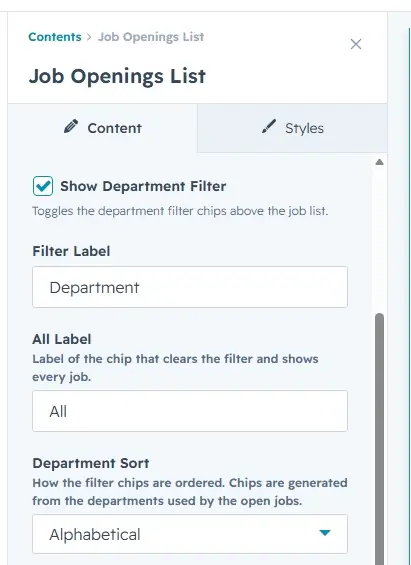 Filter settings — Show Department Filter, Filter Label, All Label, Department Sort