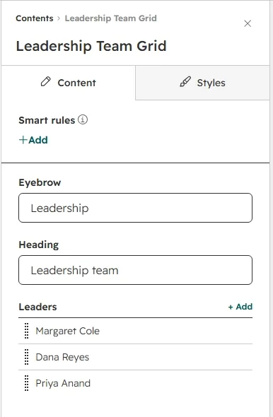 Content tab with eyebrow, heading and leaders fields