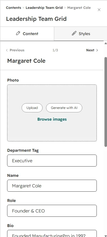 Leader editor with photo, department tag, name, role, bio, location and URL fields