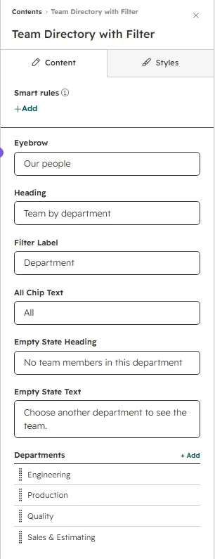 Content tab with labels, empty state and departments fields