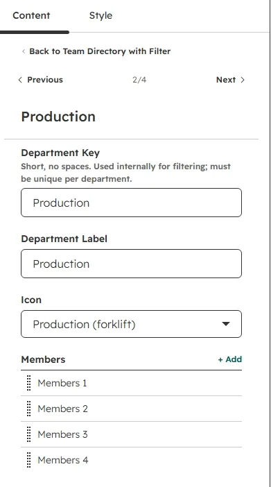 Department editor with key, label, icon and members fields