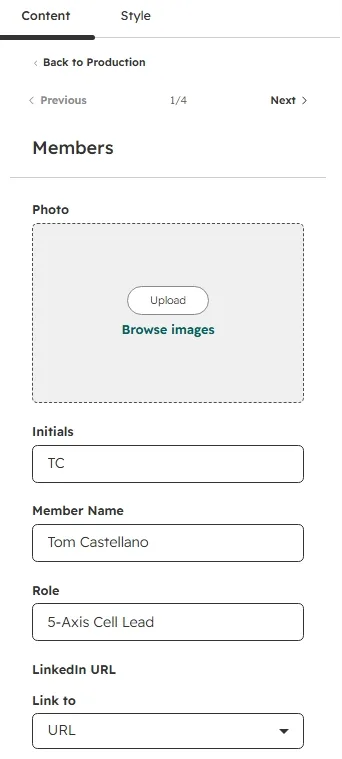 Member editor with photo, initials, name, role and URL fields