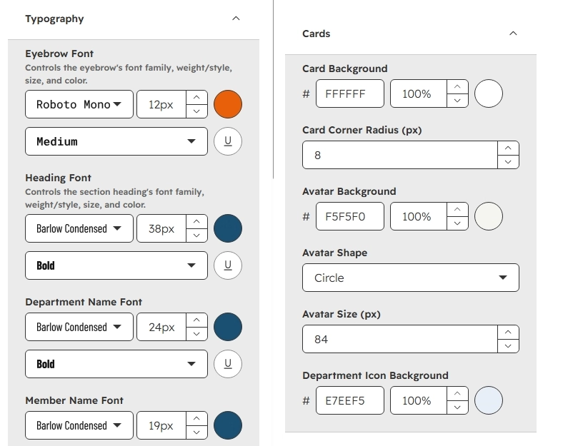 Typography and Cards settings