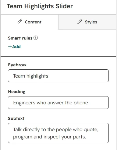 Content tab with eyebrow, heading, subtext and members fields