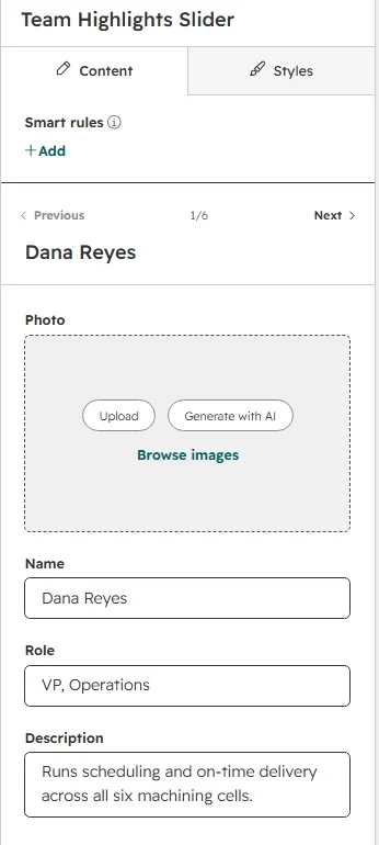 Member editor with photo, name, role and description fields