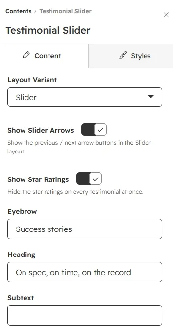Content tab with eyebrow, heading, subtext, variant dropdown and star toggles
