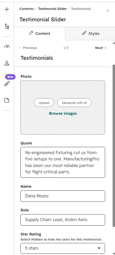 Testimonial editor with photo, quote, name, role and star rating fields