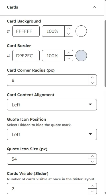 Cards settings