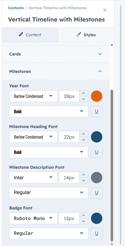 Milestones font settings