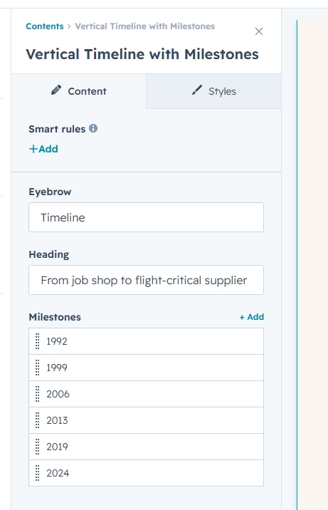 Content tab with eyebrow, heading and milestones fields