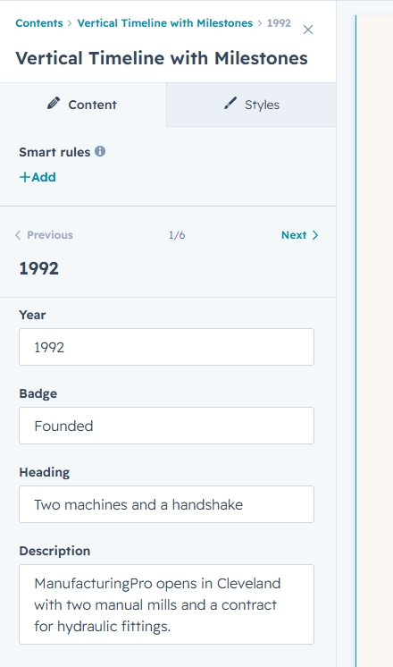 Milestone editor with year, badge, heading and description fields