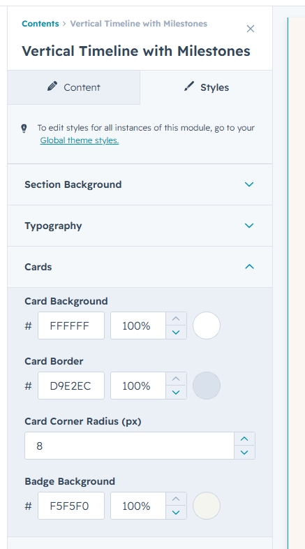 Cards settings