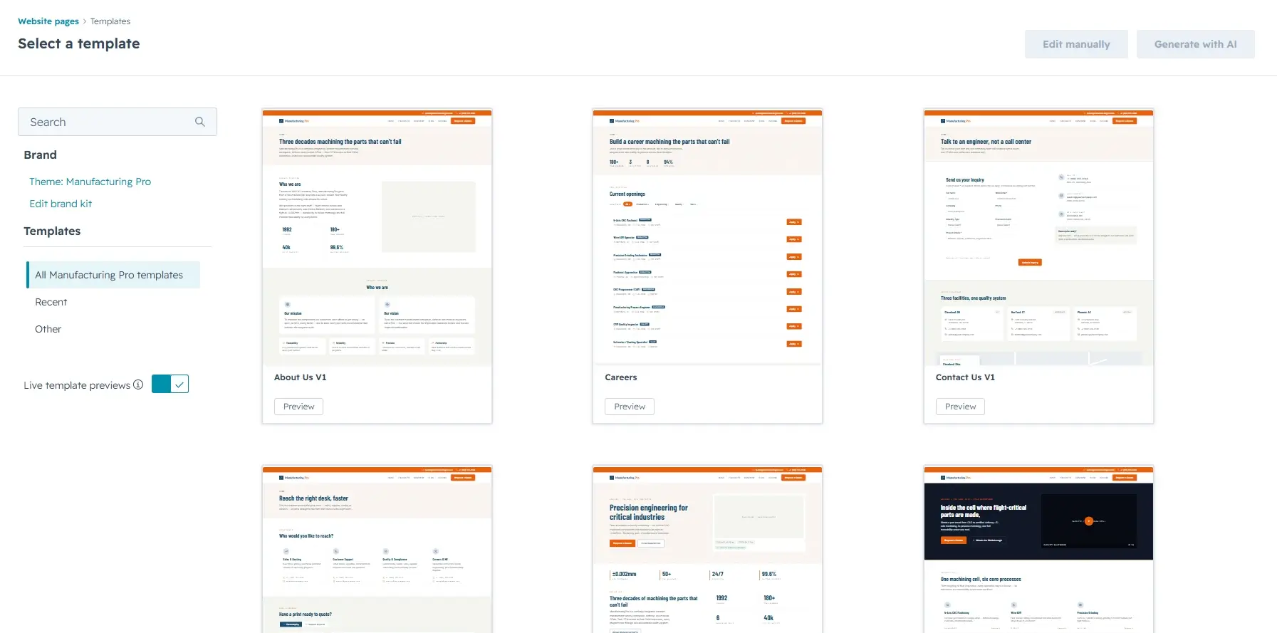 Placeholder: Template picker in the page editor